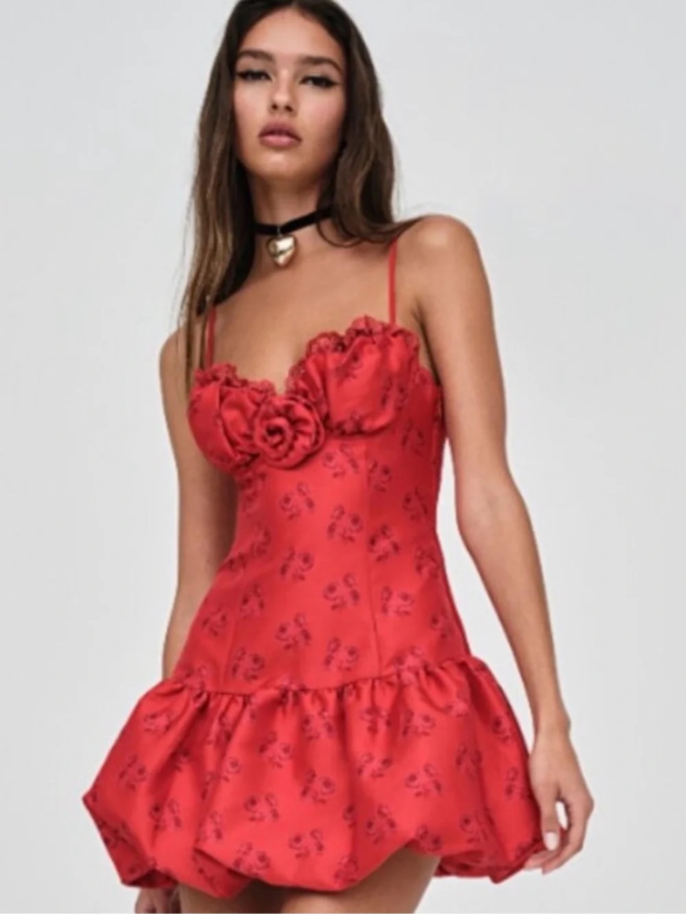 $239 NWT For Love And Lemons “Annika” Floral Satin Mini Dress in Red Sz X-Large